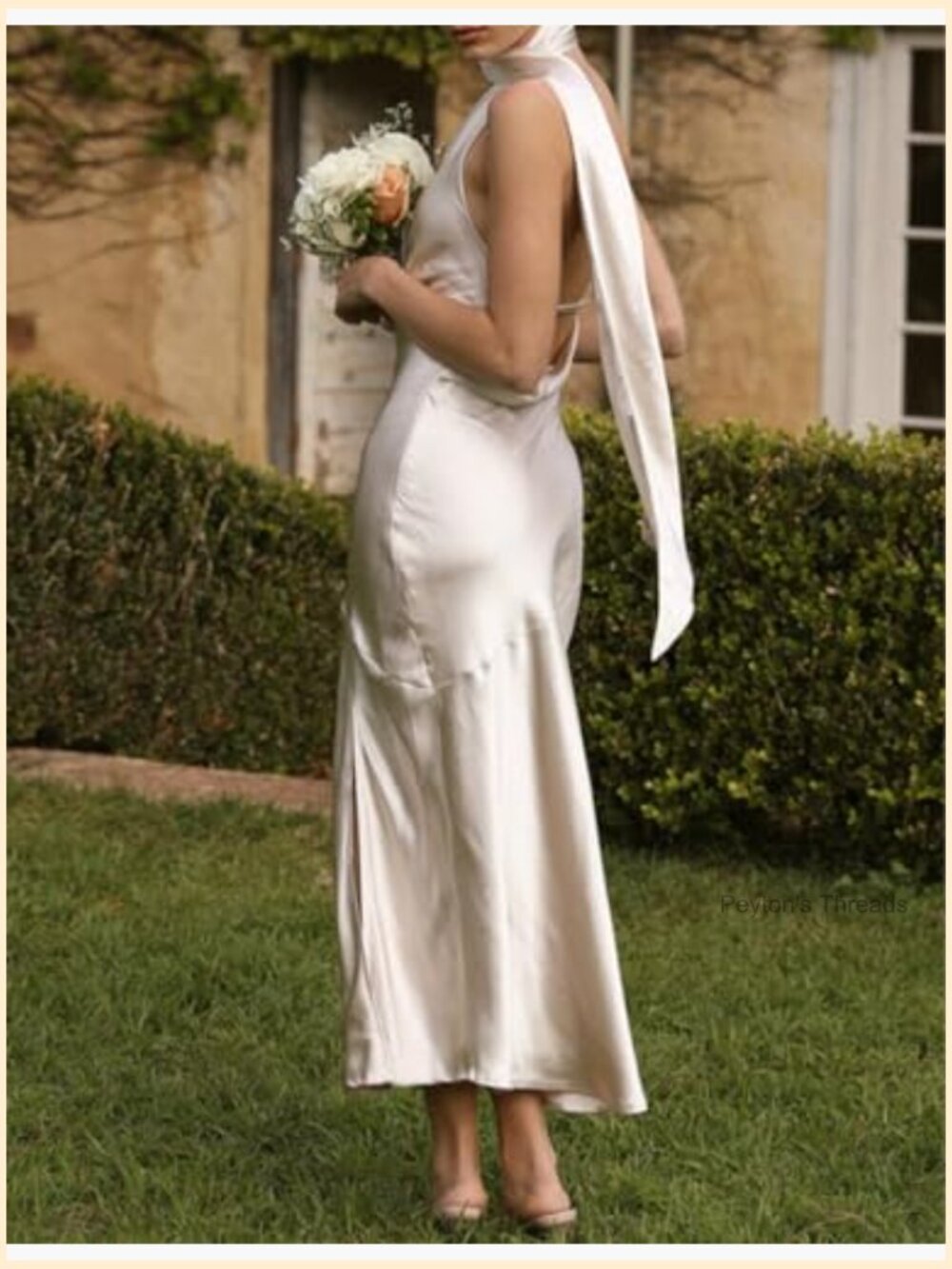 Satin Halter Backless Midi Dress with Cowl Back and Slit for Wedding Guest - Picture 3 of 3